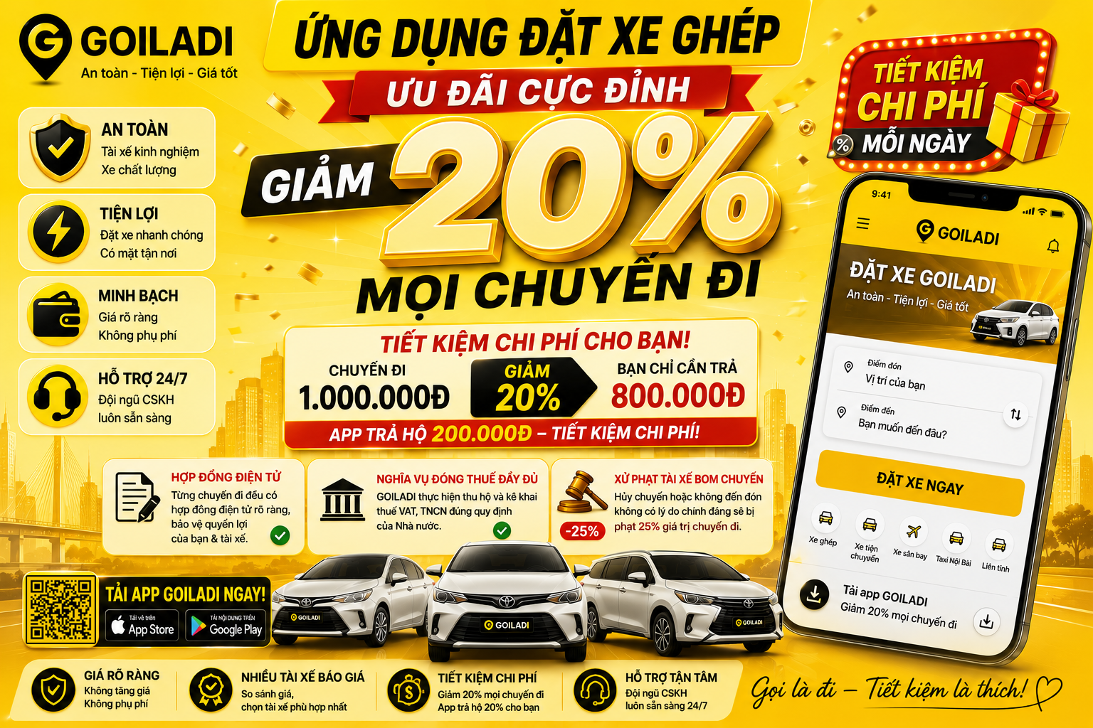 GOILADI - Ứng dụng đặt xe ghép giảm 20% mọi chuyến đi