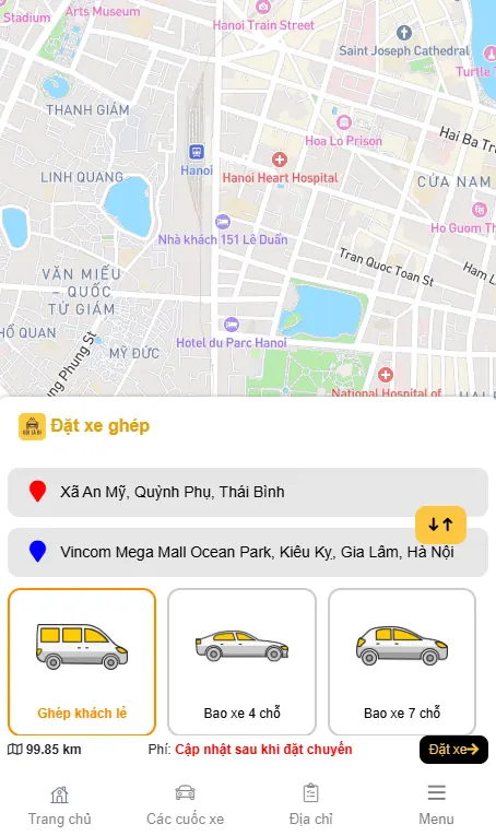 Bước 1 đặt xe trên GOILADI - nhập điểm đón và điểm đến