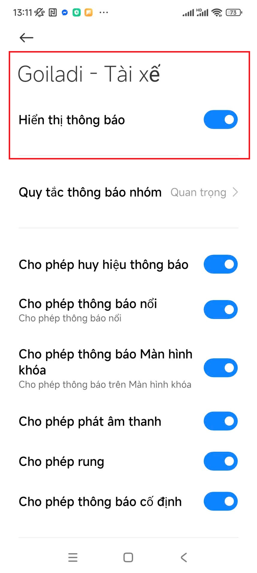 Bật thông báo chính cho GOILADI Tài Xế